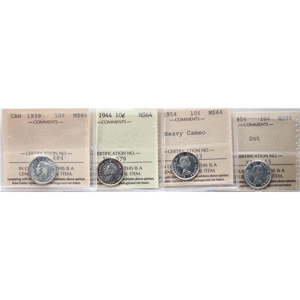 1939 10¢, 1944, 1954 "Heavy Cameo", 1956 "Dot". Lot of 4 coins ICCS Choice Mint State-64
