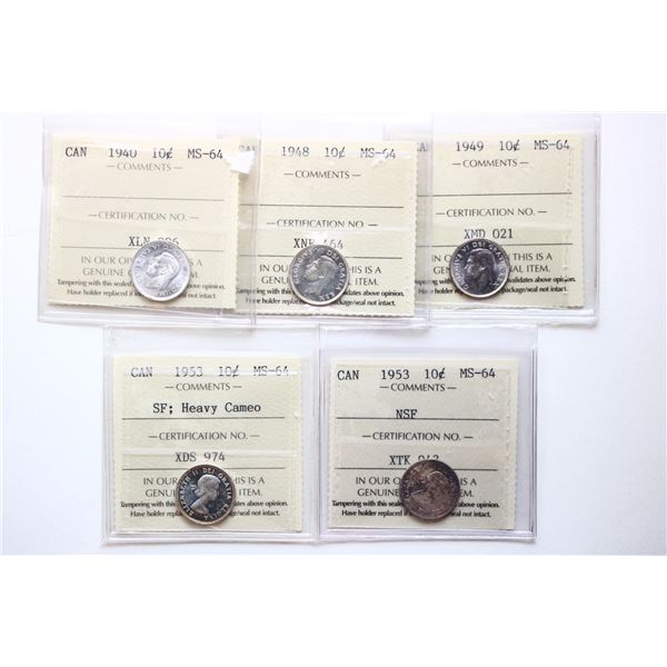 1940 10¢, 1948, 1949, 1953 "SF, Heavy Cameo", 1953 "NSF". Lot of 5 coins ICCS Choice Mint State-64