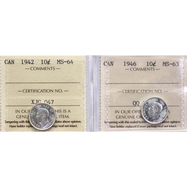 1942 10¢ Choice Mint State-64 & 1946 Choice Mint State-63.  Lot of 2 coins.