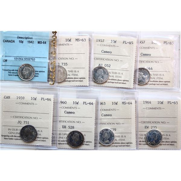 1942 10¢, 1952, 1957 (2), 1959, 1960, 1963, 1964. Lot of 8 coins with several Cameo contrast, all Ce