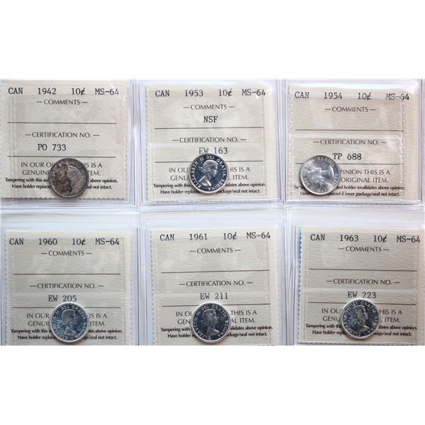 1942 10¢, 1953 "NSF", 1954, 1960, 1961, 1963.  Lot of 6 coins all certified ICCS MS64
