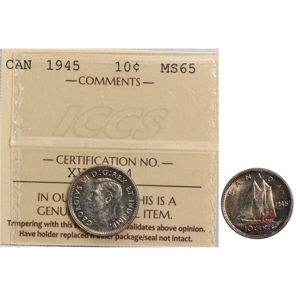1945 10¢ ICCS Gem Mint State-65 Highly lustrous with light toning on both sides.