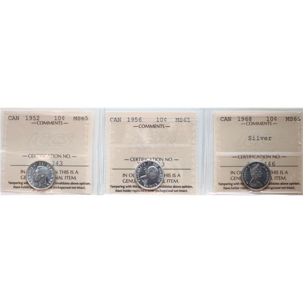 1952 10¢, 1956, 1968 "Silver", All 3 coins ICCS Gem Mint State-65.
