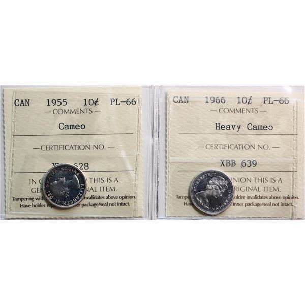 1955 10¢, 1966. Both coins ICCS Superb Gem Proof-Like-66 Cameo
