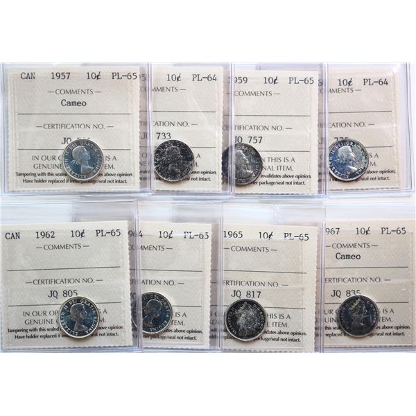 1957-1967 10¢.  Lot of 8 coins ICCS Choice Proof-Like-64 to Gem Proof-Like-65