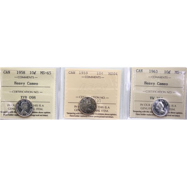 1958 10¢ Gem Mint State-65 HC, 1959 Choice Mint State-64 & 1963 Gem Mint State-65 HC.  Lot of 3 ICCS
