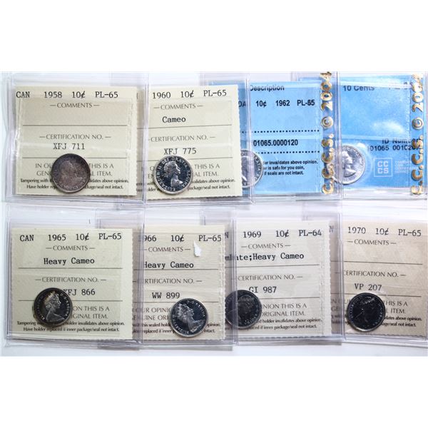 1958 10¢, 1960, 1962, 1964, 1965, 1966, 1969 SD, 1970.  Lot of 8 coins ICCS/CCCS Choice Proof-Like-6
