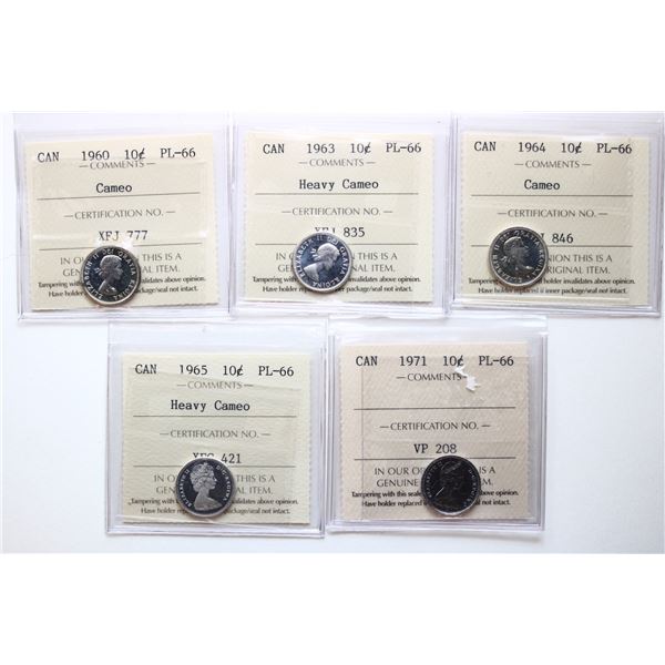 1960 10¢ "Cameo", 1963 "Heavy Cameao", 1964 "Cameo", 1965 "Heavy Cameo", 1971. Lot of 5 coins ICCS S