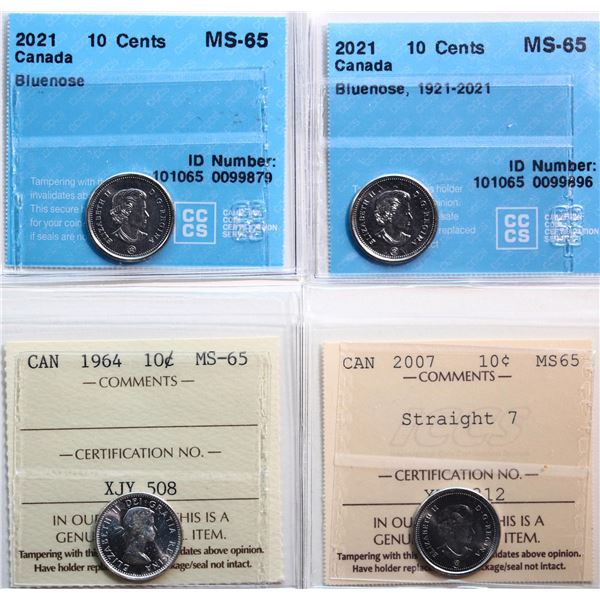 1964 10¢, 2007 "Straight 7", 2021 "Bluenose, 2021 "Bluenose 1921-2021" All 4 coins ICCS Gem Mint Sta