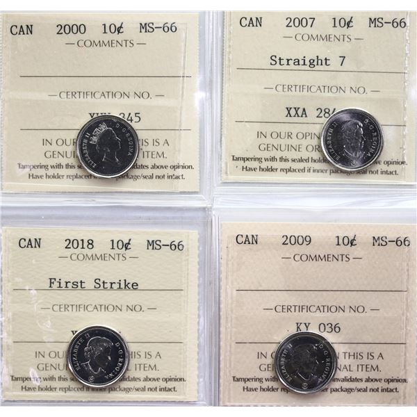 2000 10¢, 2007 St7, 2018 1st Strike & 2009 all ICCS Superb Gem Mint State-66 Graded.  Lot of 4 coins