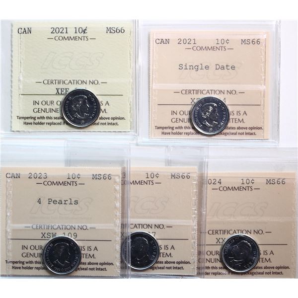 2021 10¢, 2021 "Single Date", 2023 "4 Pearls", 2023, 2024. Lot of 5 coins all ICCS Superb Gem Mint S