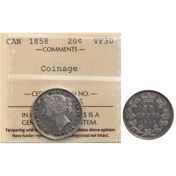 1858 20¢ "Coinage" ICCS Choice Very Fine-30