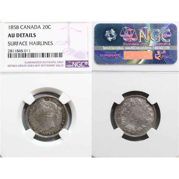 1858 20¢ NGC AU Details Surface Hairlines