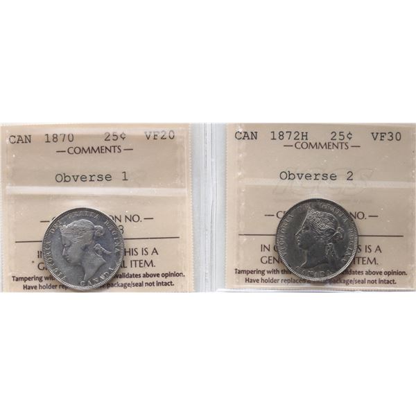 1870 25¢ "Obv 1" ICCS Very Fine-20, 1872H "Obv 2" ICCS Choice Very Fine-30.  Lot of 2 coins.