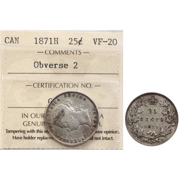 1871H 25¢ "Obv 2" ICCS Very Fine-20
