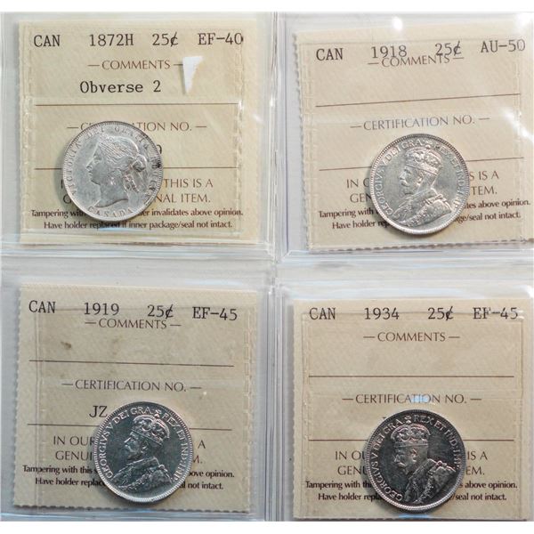 1872H 25¢ "Obv 2", 1918, 1919, 1934.  Lot of 4 coins ICCS Extra Fine-40 to About Uncirculated-50