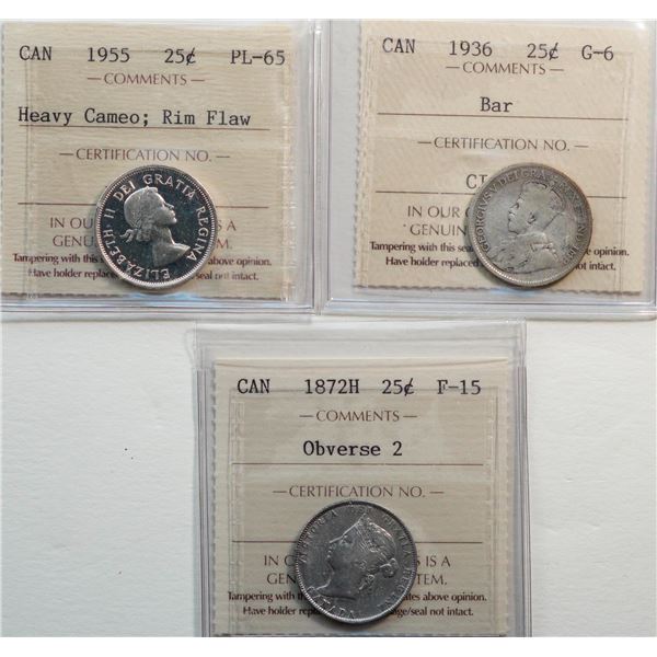 1872H 25¢ "Obv 2", 1936 "Bar", 1955 "Rim Flaw".  All 3 coins ICCS graded Good-6 to Gem Proof-Like-65