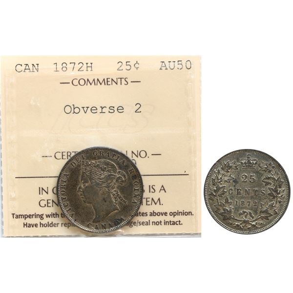 1872H 25¢ "Obv.2" ICCS About Uncirculated-50