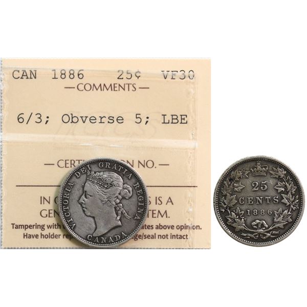 1886 25¢ "6/3" ICCS VF-30.  Scarce variety.