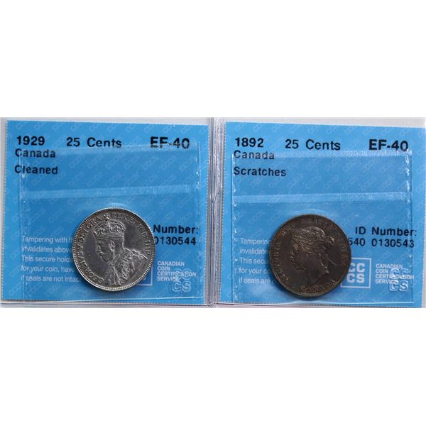 1892 25¢ minor scrt, 1929 Both coins CCCS Extra Fine-40.