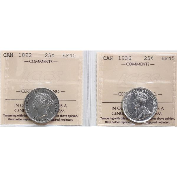 1892 25¢, 1936 Both coins ICCS Extra Fine-40 & Choice Extra Fine-45 respectively.