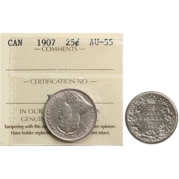 1907 25¢ ICCS Choice About Uncirculated-55, Brilliant and lustrous.