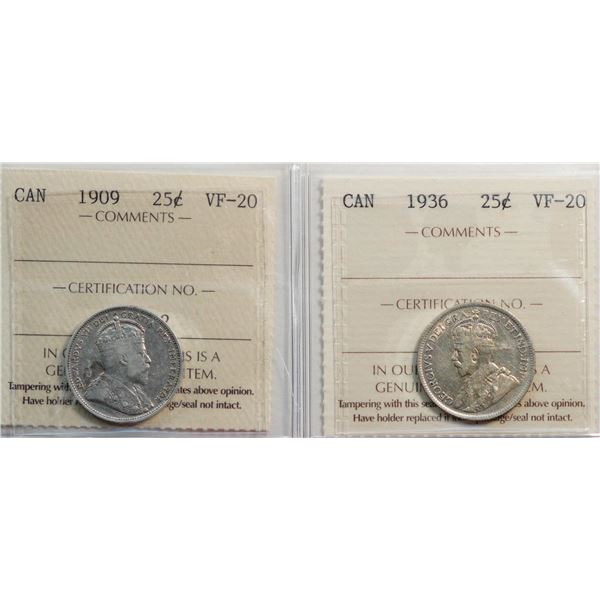 1909 25¢, 1936.  Both coins ICCS Very Fine-20