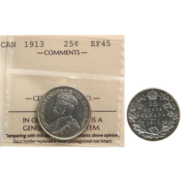 1913 25¢ ICCS Choice Extra Fine-45 Lustrous.