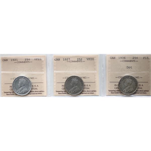 1921 25¢, 1927, 1936 "Dot".  Lot of 3 coins, all ICCS Choice Fine-15 to V20