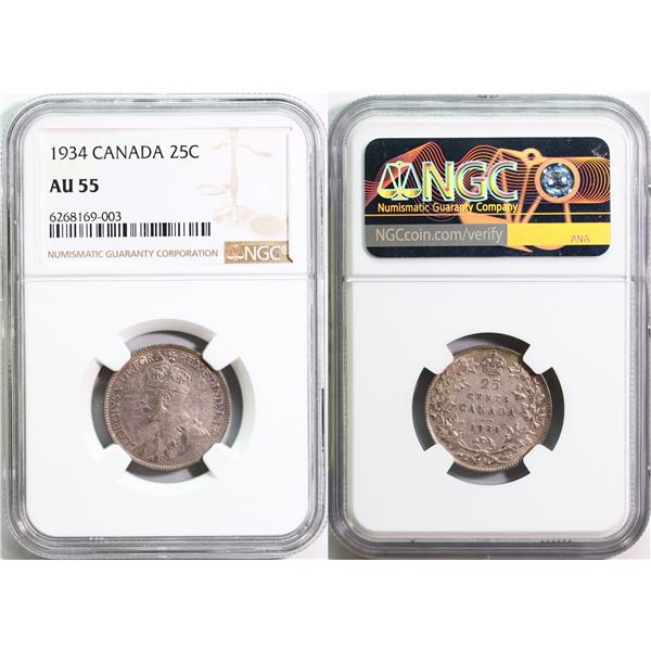 1934 25¢ NGC Choice About Uncirculated-55 Lightly toned.