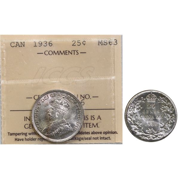 1936 25¢ ICCS Choice Mint State-63