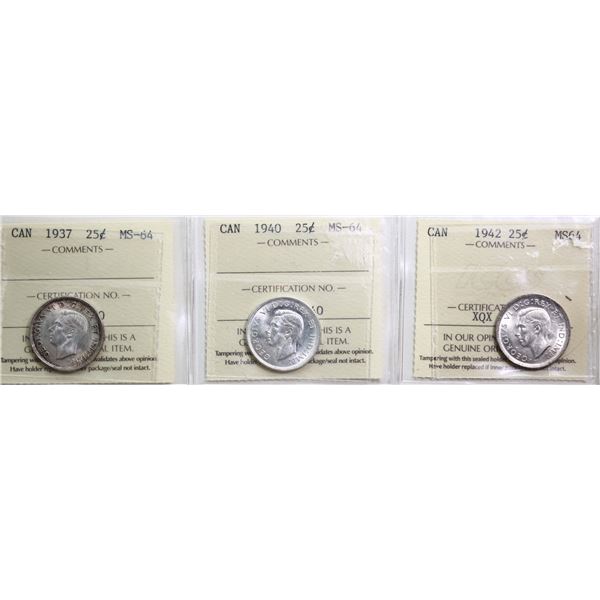 1937  25¢, 1940, 1942. All 3 coins ICCS MS-64