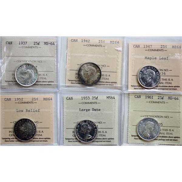 1937 25¢, 1942, 1947 "ML", 1952 "LR", 1953 "LD", 1961 All 6 coins ICCS Choice Mint State-64.