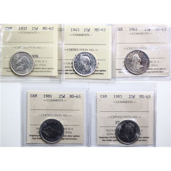 1937 25¢, 1943, 1961, 1981, 1985. Lot of 5 coins ICCS Choice Mint State-63