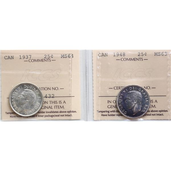1937 25¢, 1948 Both coins ICCS Choice Mint State-63 & Choice Mint State-64