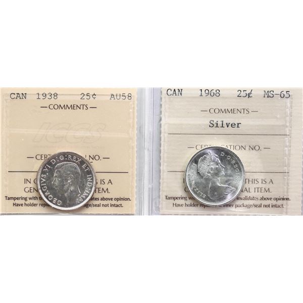 1938 25¢ Choice About Uncirculated-58 & 1968 Gem Mint State-65.  Lot of 2 ICCS graded coins.