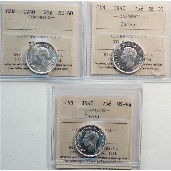 1940 25¢   Lot of 3 coins ICCS grated Mint State-60 to Choice Mint State-64