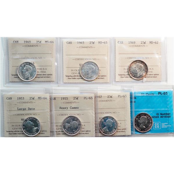 1940 25¢, 1945, 1949, 1953 "Lg Date", 1955 "Heavy Cameo", 1957, 1960 "Cameo".  Lot of 7 coins ICCS g