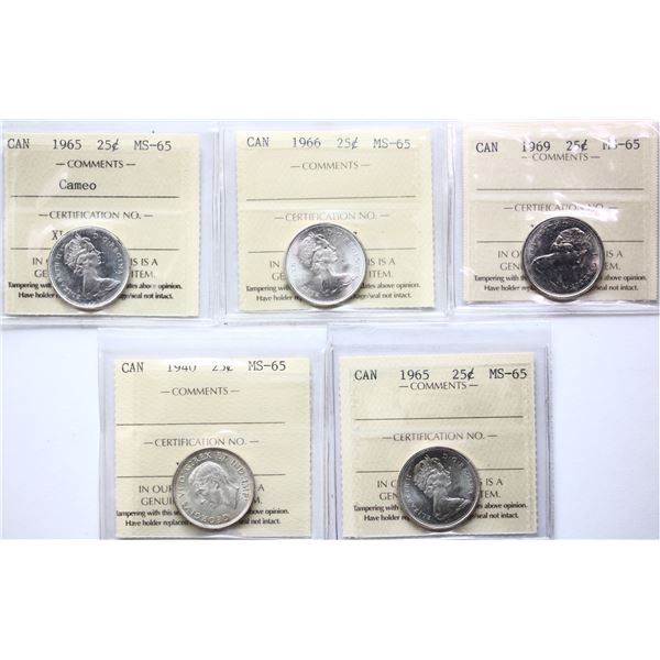 1940 25¢, 1947 "Maple Leaf", 1955, 1968 "Silver", 1972. Lot of 5 coins ICCS MS-64