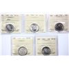 Image 1 : 1940 25¢, 1947 "Maple Leaf", 1955, 1968 "Silver", 1972. Lot of 5 coins ICCS MS-64