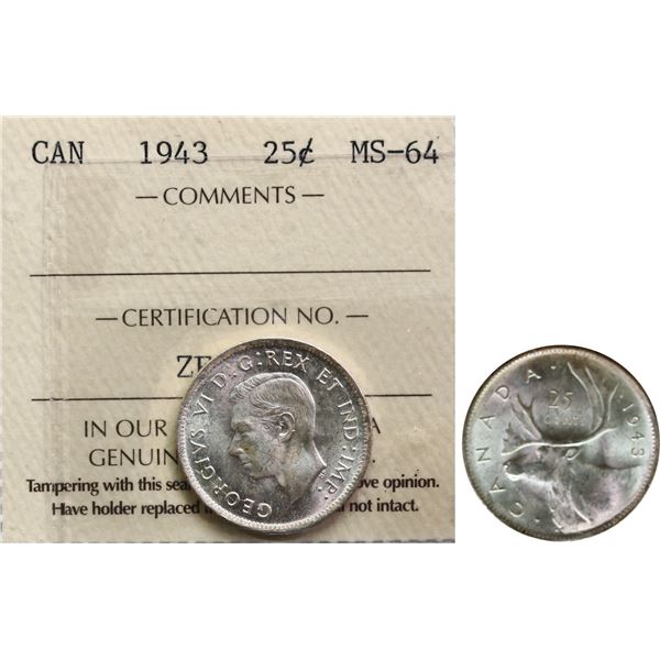 1943 25¢ ICCS Choice Mint State-64 Lustrous example