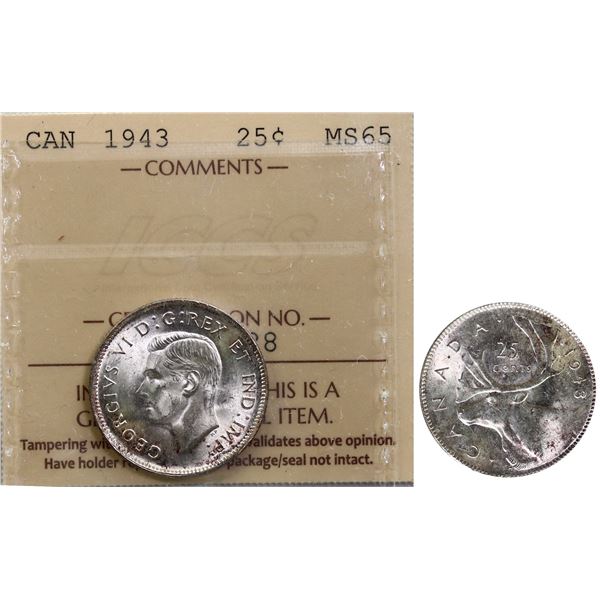 1943 25¢ ICCS Gem Mint State-65