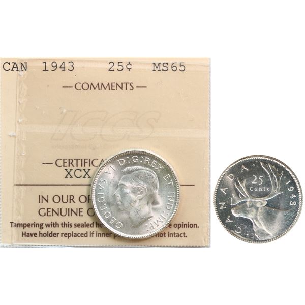 1943 25¢ ICCS Gem Mint State-65 Blast white example.  Flashy!