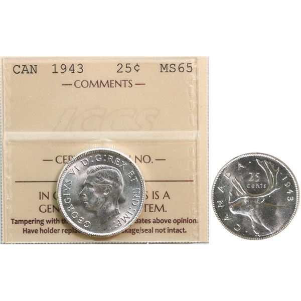 1943 25¢ ICCS Gem Mint State-65 Blast white example.  Flashy!