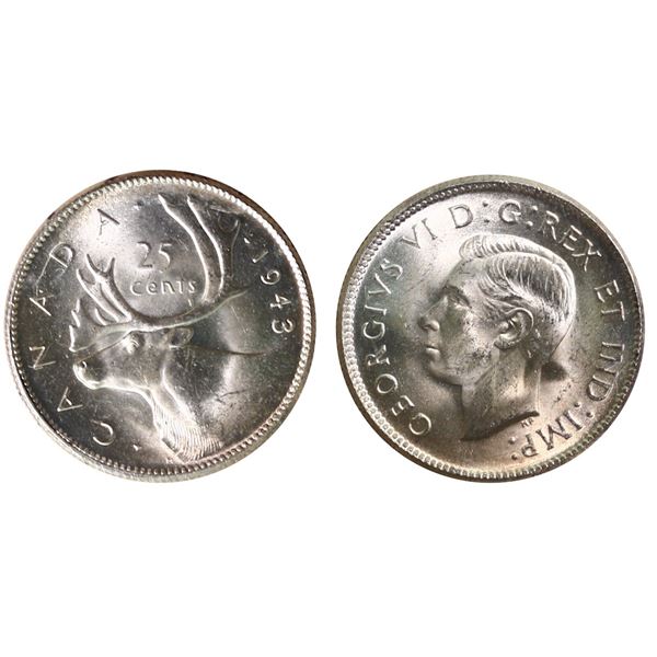 1943 25¢ ICCS Gem Mint State-65.  Lustrous.