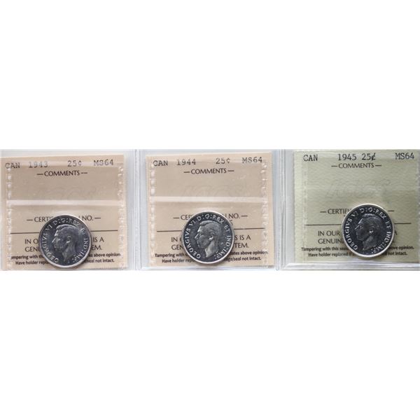 1943 25¢, 1944, 1945. Lot of 3 coins all  ICCS Choice Mint State-64