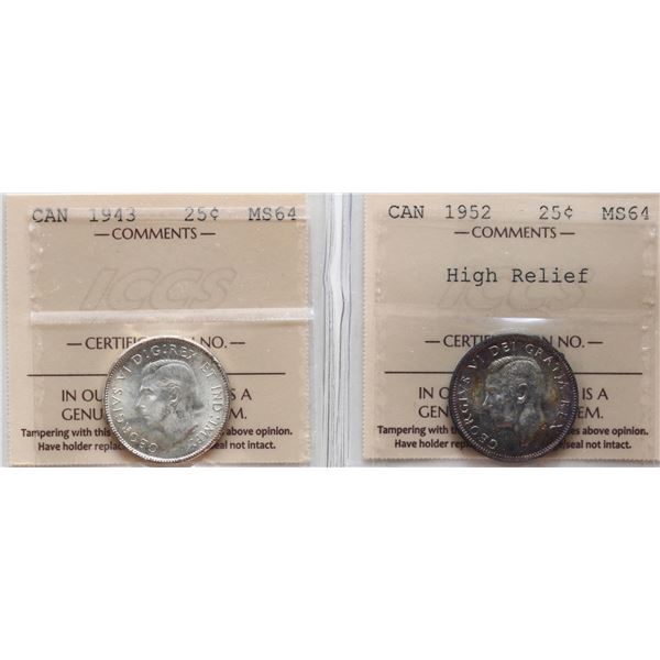 1943 25¢, 1952 "HR" Both coins ICCS Choice Mint State-64.