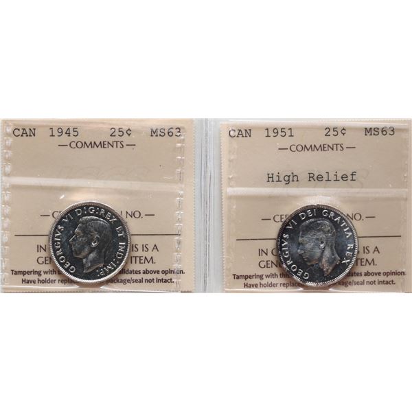 1945 25¢, 1951 "HR" Both coins ICCS Choice Mint State-63.