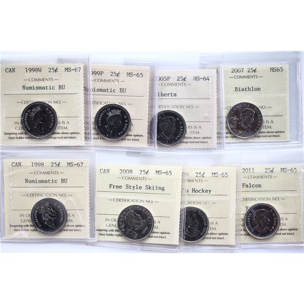1998 25¢ to 2011 ICCS Gem Mint State-65 to Superb Gem Mint State-67NBU.  Lot of 8 ICCS graded coins.