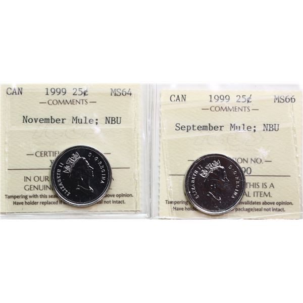 1999 25¢ "November Mule, NBU" ICCS Choice Mint State-64 , "September Mule, NBU"" ICCS Superb Gem Min